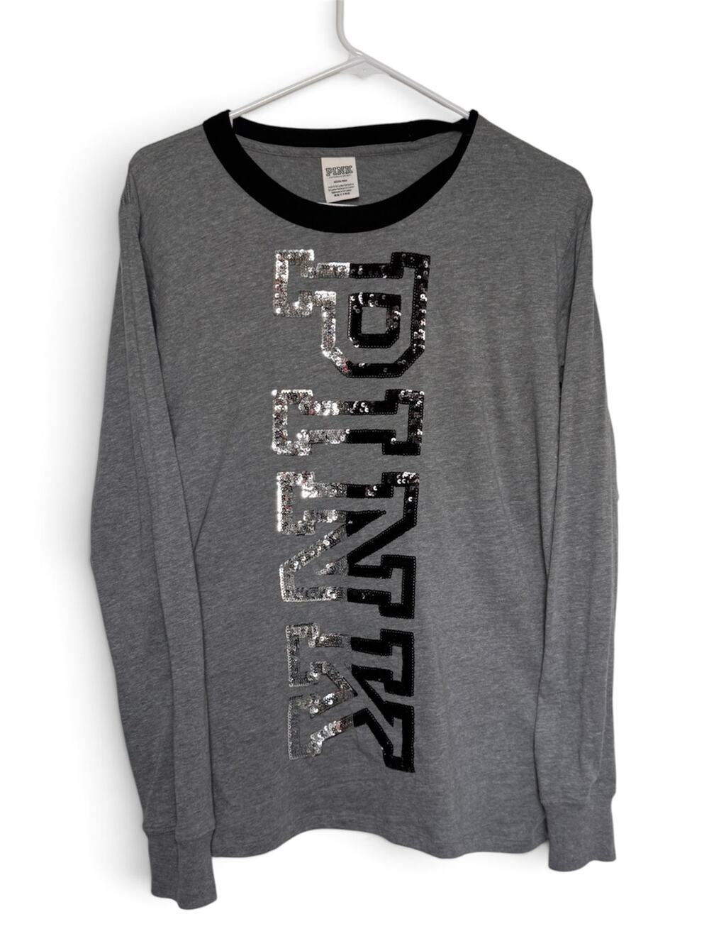 PINK Victoria Secret Sequin Logo Long Sleeve Ringer Tee Heather Grey Black M
